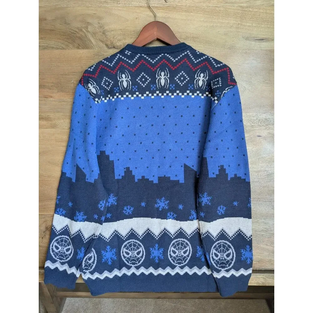 NWT Marvel Sweater Mens MD Blue Knit Spiderman Upsidedown Holiday Long Sleeve
